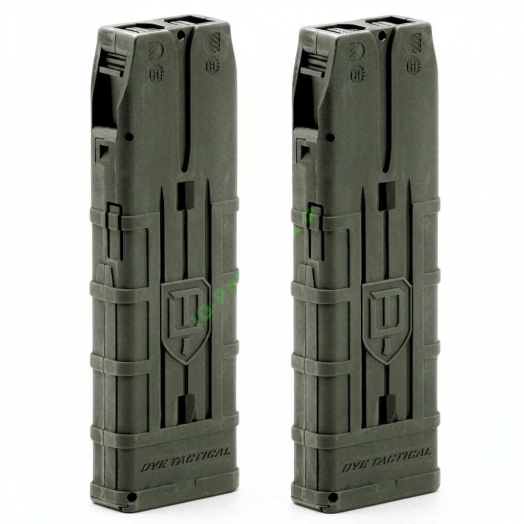 Dye DAM 20-Ball Magazin 2er Set Oliv für .68 Paintball, robust und passend für Dye Assault Matrix.