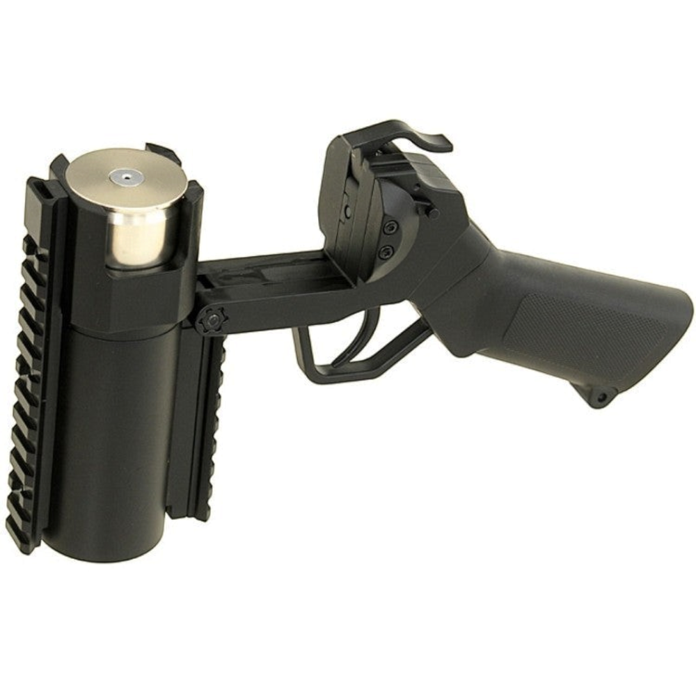 id-paintball 40mm Granatpistole in Schwarz mit flachem Griff, Weaverschiene und geladener Kartusche für Paintball