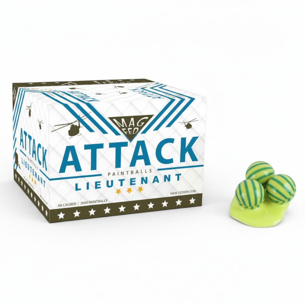 id-paintball New Legion Attack Lieutenant Magfed Paintballs mit grün-gestreiftem Design und Kartonverpackung