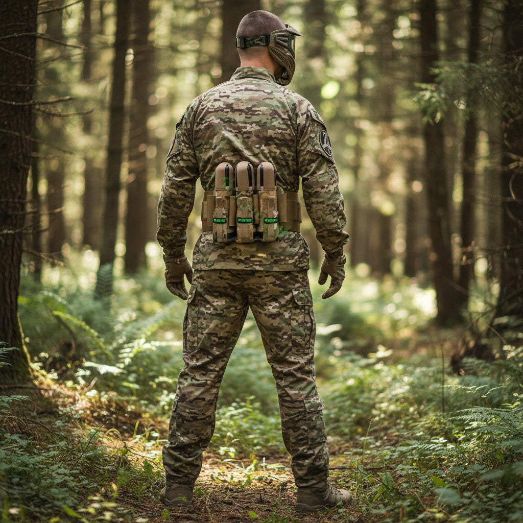id-paintball Battlepack Desert Camo 3+4 an einem Paintballspieler im Wald mit Tarnkleidung und Maske