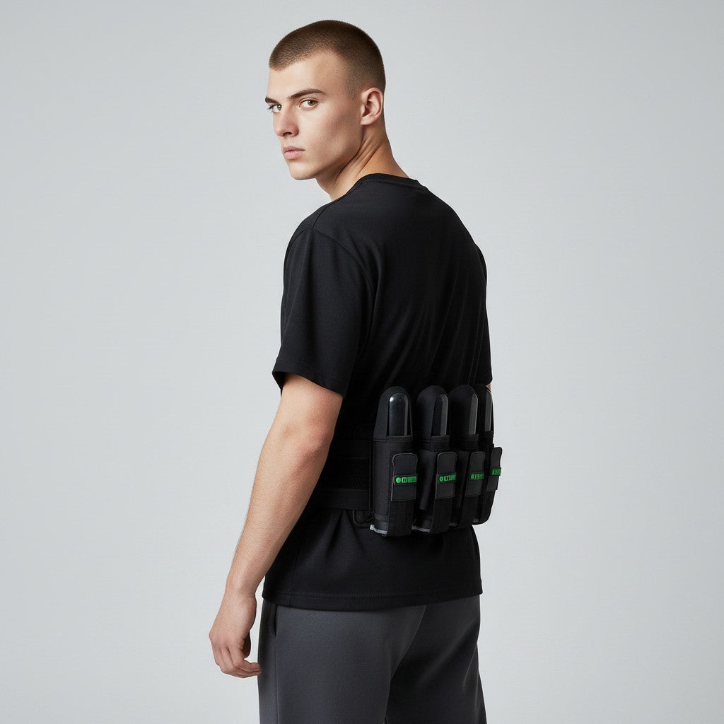 Ein Model trägt das schwarze id-paintball Battlepack 4+5 mit Platz für neun Pods über einem schwarzen T-Shirt.