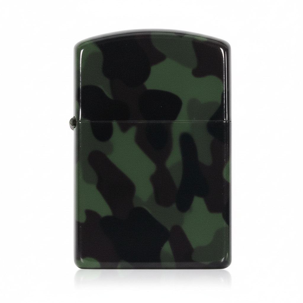 id-paintball Benzin-Sturmfeuerzeug mit Woodland-Camouflage-Muster, robustes und nachfüllbares Outdoor-Feuerzeug