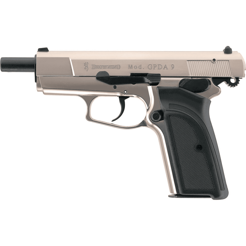 id-paintball Browning GPDA 9 Schreckschusspistole in vernickelter Ganzmetall-Ausführung mit schwarzen Griffschalen