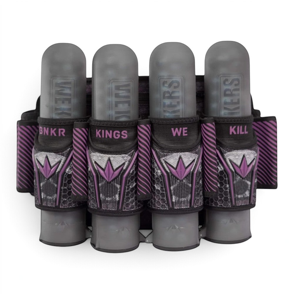 id-paintball Bunkerkings Fly2 Pack 4+7 in Purple Skull Design mit vier grauen Paintball-Pods in strapless Halterung