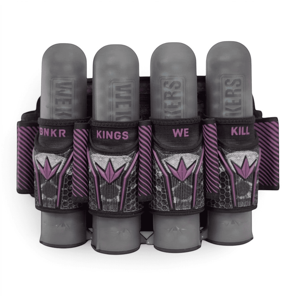 id-paintball Bunkerkings Fly2 Pack 4+7 in Purple Skull Design mit vier grauen Paintball-Pods in strapless Halterung