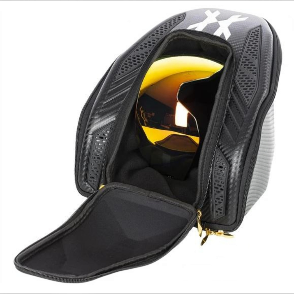 id-paintball HK Army Carbon Exo HSTL Maskentasche in Schwarz mit goldfarbenen Reißverschlüssen und Paintball-Maske
