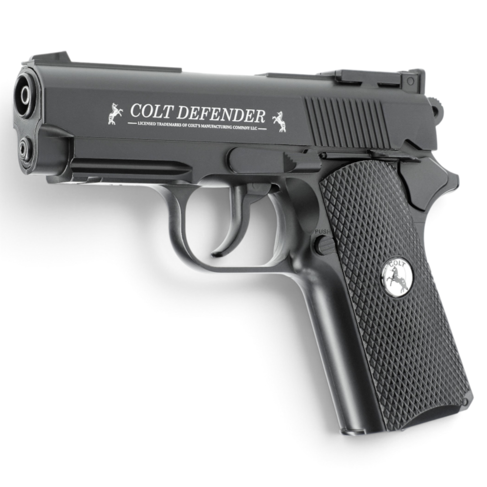 id-paintball Colt Defender CO2-Pistole in Schwarz mit robuster Metallkonstruktion und strukturierter Griffschale