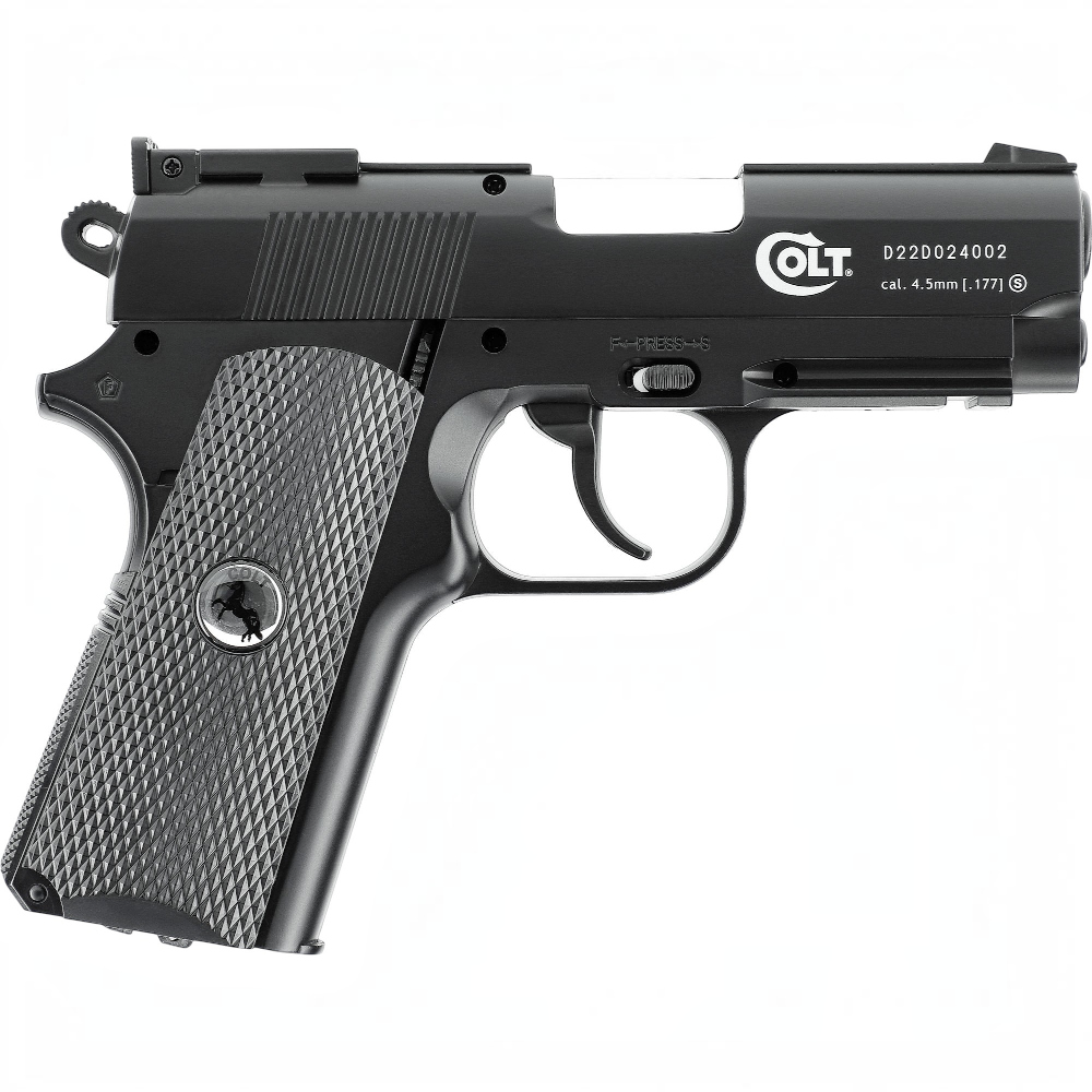 id-paintball Colt Defender CO2-Pistole in Schwarz mit Metallgehäuse und strukturierter Griffschale im Kaliber 4,5 mm