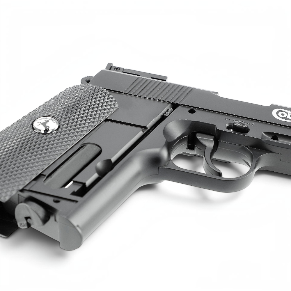 id-paintball Colt Defender CO2-Pistole mit schwarzem Metallgehäuse, texturiertem Griff und Weaver-Schiene