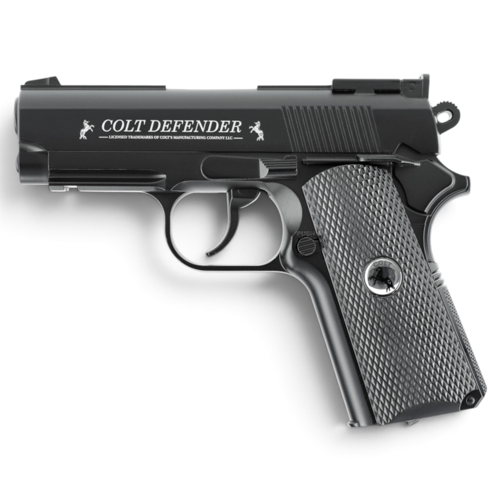 id-paintball Colt Defender CO2-Pistole in Schwarz mit Metallgehäuse, 16-Schuss-Magazin und Weaver-Schiene.