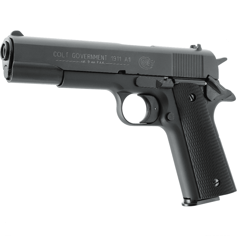 id-paintball Colt Government 1911 A1 Schreckschusspistole in Schwarz mit 9 mm P.A.K. Kaliber und strukturierter Griffschale