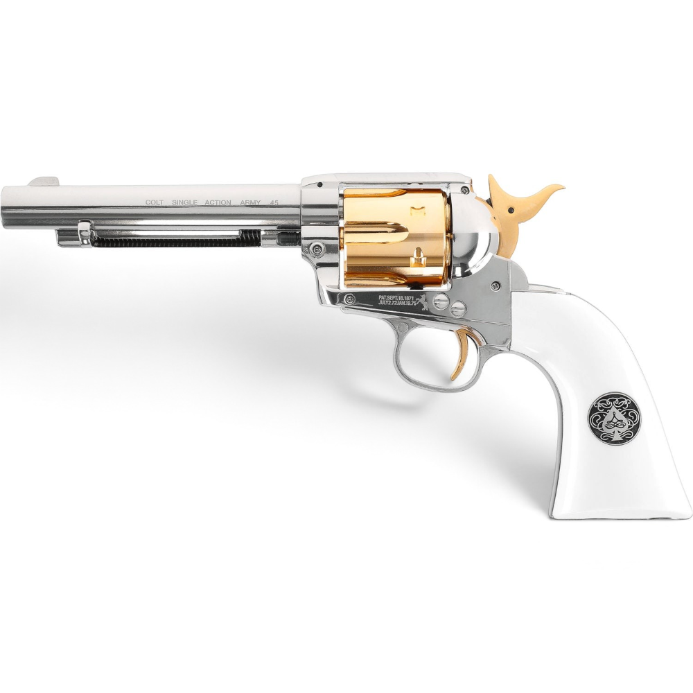 id-paintball Colt SAA Smoke Wagon CO2-Revolver in poliertem Chrom mit Gold-Akzenten und elfenbeinfarbenen Griffschalen