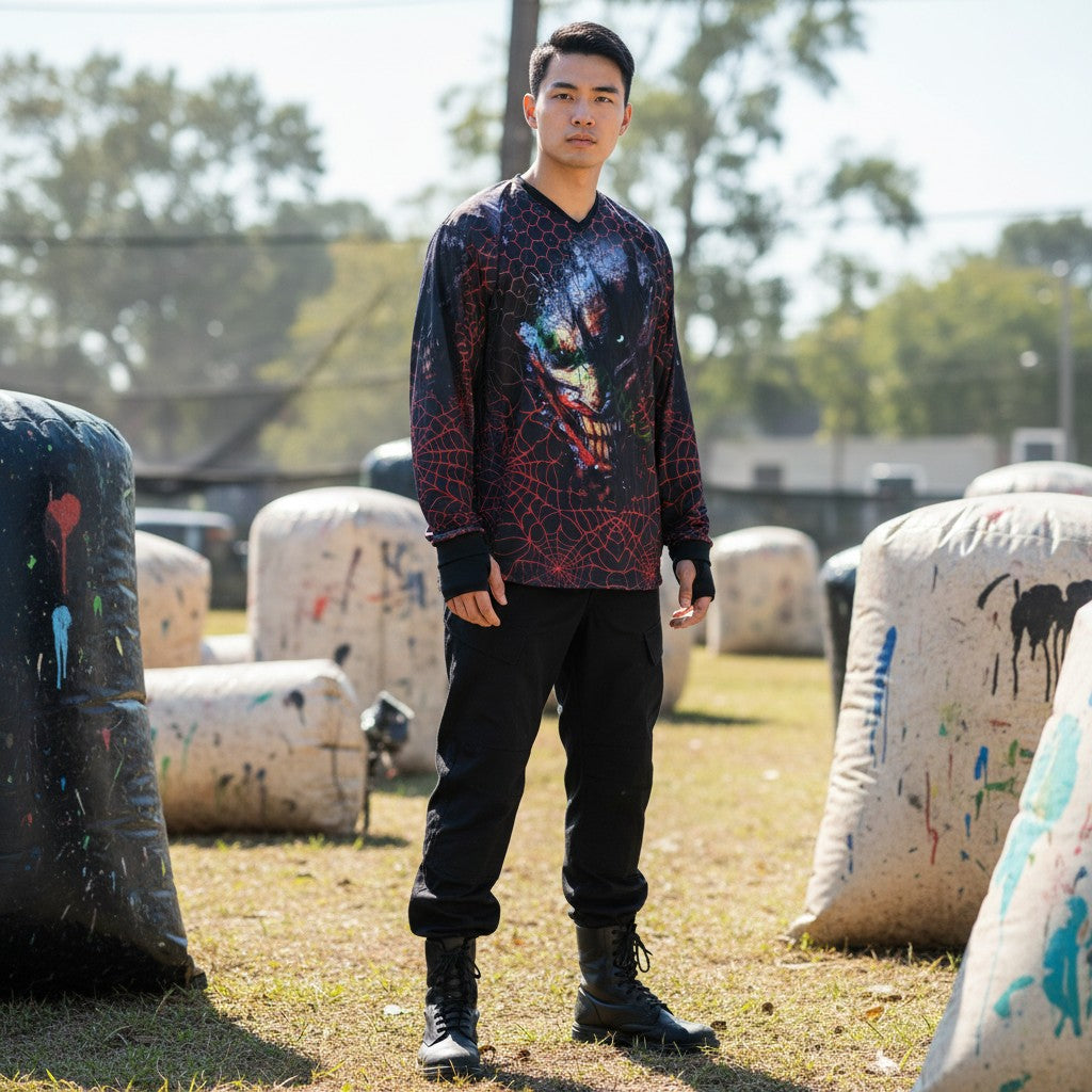id-paintball Custom Jersey Fear Smile in Rot und Schwarz mit Spinnennetz-Muster und Polsterung auf einem Paintballfeld