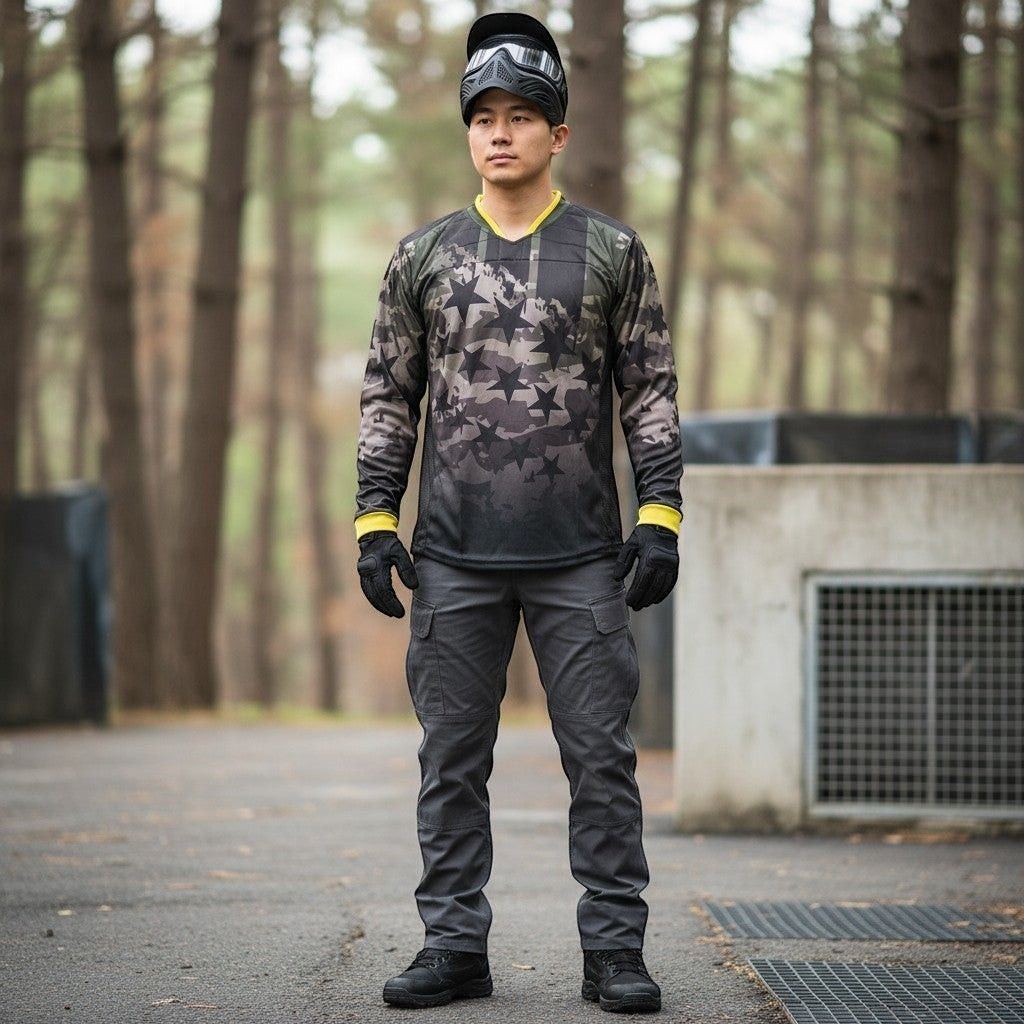 id-paintball Custom Paintball Jersey Star in Schwarz, Grau und Oliv mit Camouflage-Muster und Sternen, getragen von Spieler