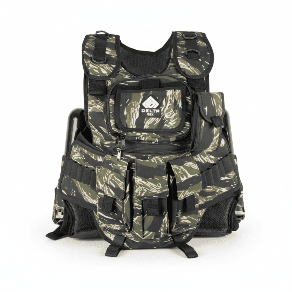 id-paintball Delta Six Tactical Weste in Tiger Stripe Camo mit Klett-Taschen für Paintball-Zubehör und Speedloader