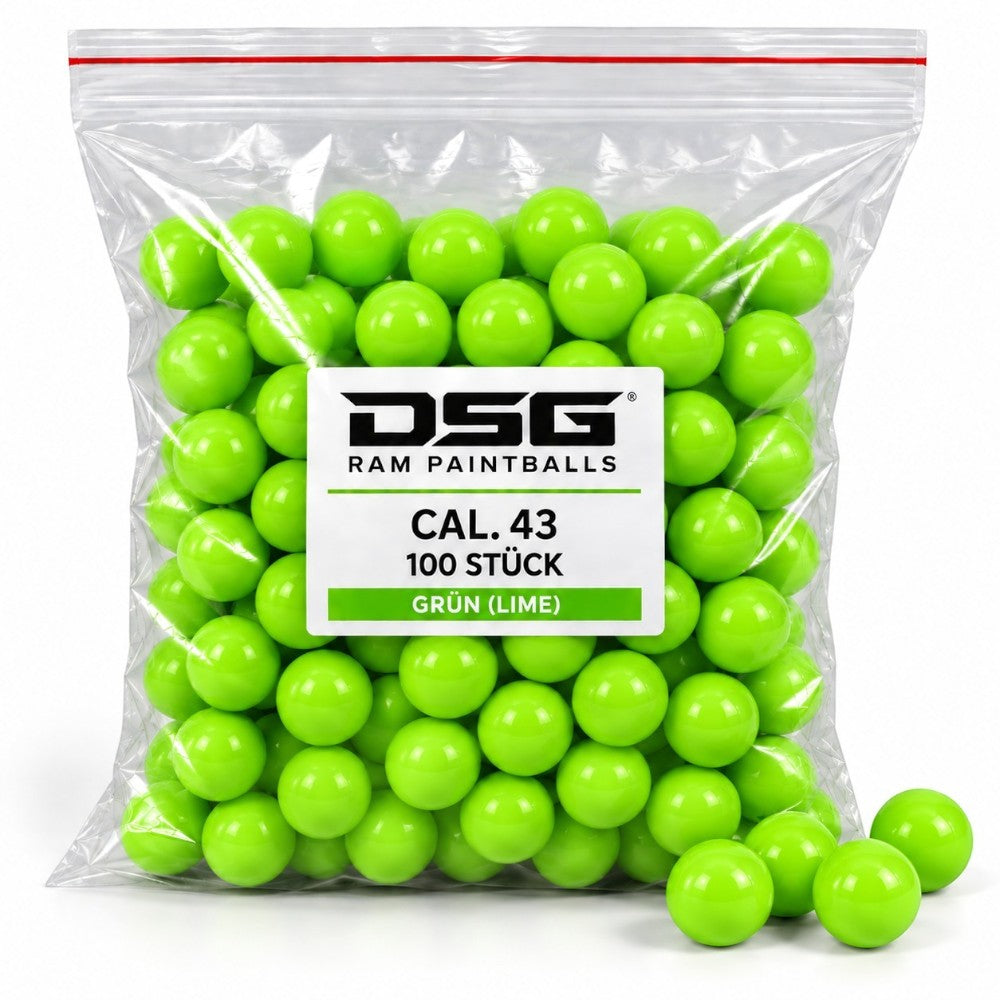 id-paintball DSG RAM Paintballs im Kaliber .43 in leuchtendem Lime-Grün, verpackt im 100er Beutel für Markierer