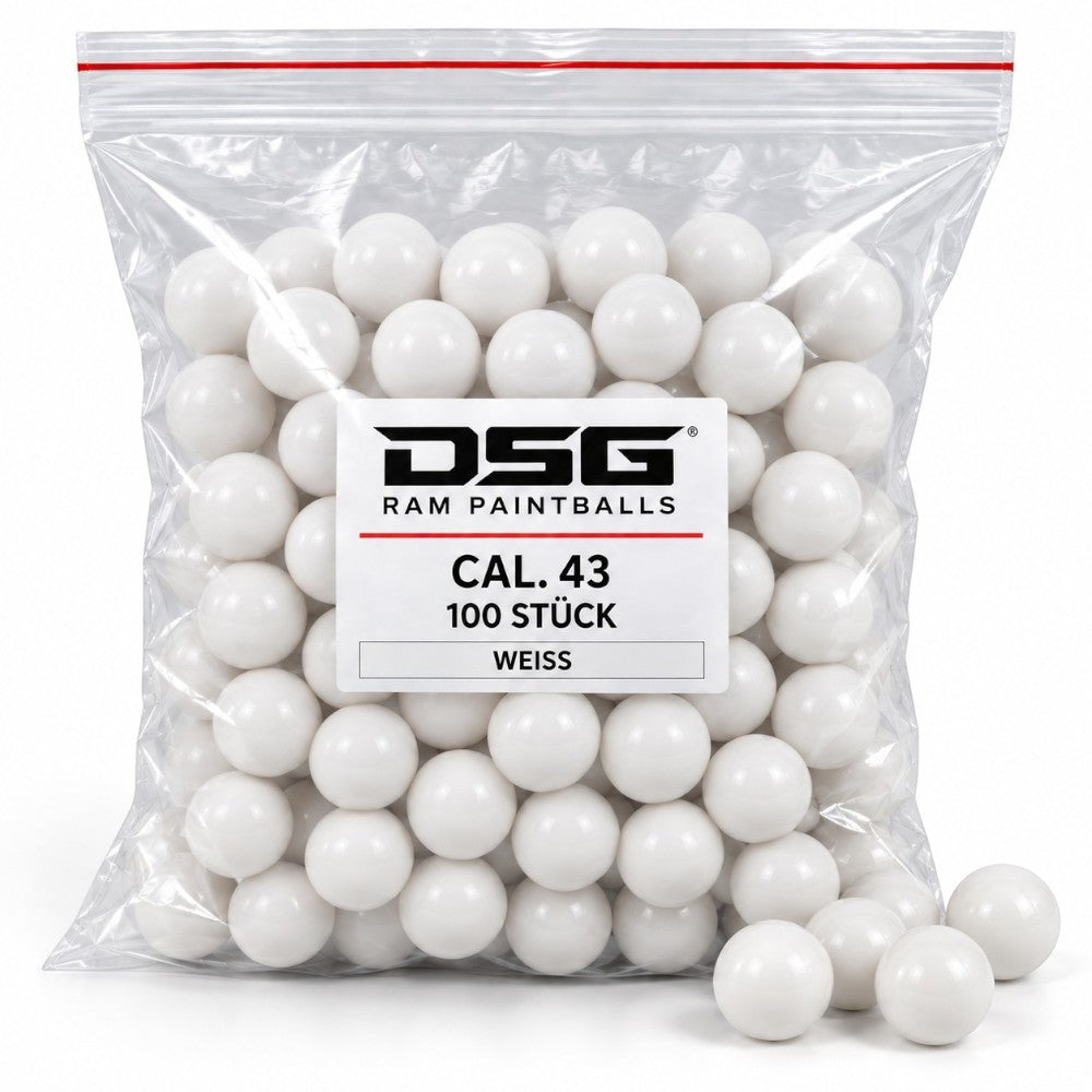id-paintball DSG RAM Paintballs Kaliber 43 in Weiß, 100 Stück in einer transparenten Kunststoffverpackung