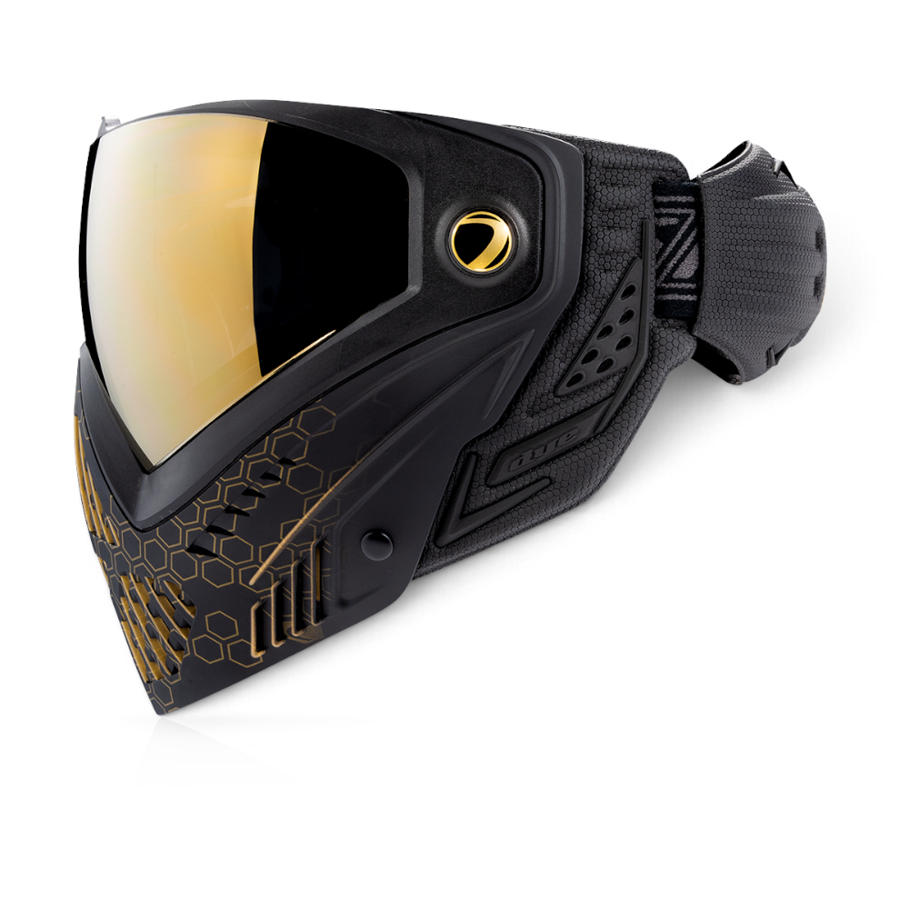 id-paintball DYE i5 Paintball Maske in Schwarz Gold Fade mit Thermalglas und integrierter POV-Kamerahalterung