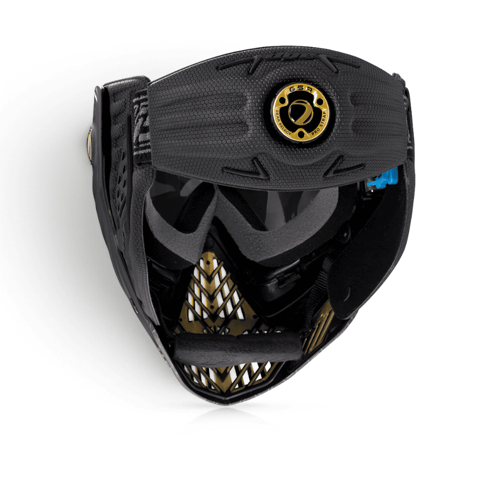 id-paintball DYE i5 Paintball Maske in Schwarz Gold Fade mit GSR Pro Strap und Thermalglas von oben