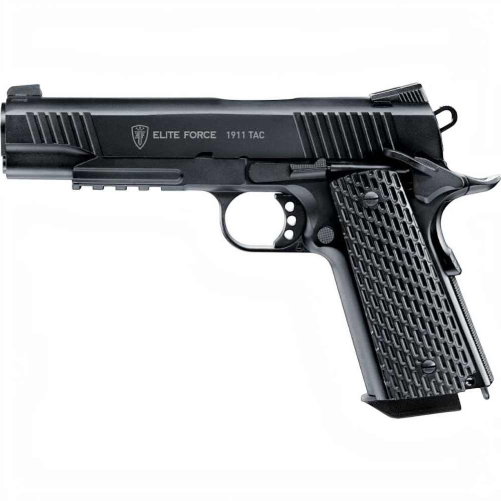id-paintball Elite Force 1911 TAC Airsoft-Pistole aus Vollmetall in Schwarz mit Picatinny-Schiene und Blowback