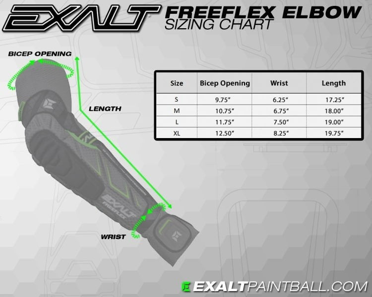 id-paintball Exalt FreeFlex Ellenbogenschoner Größentabelle mit Maßen für Bizeps, Handgelenk und Länge