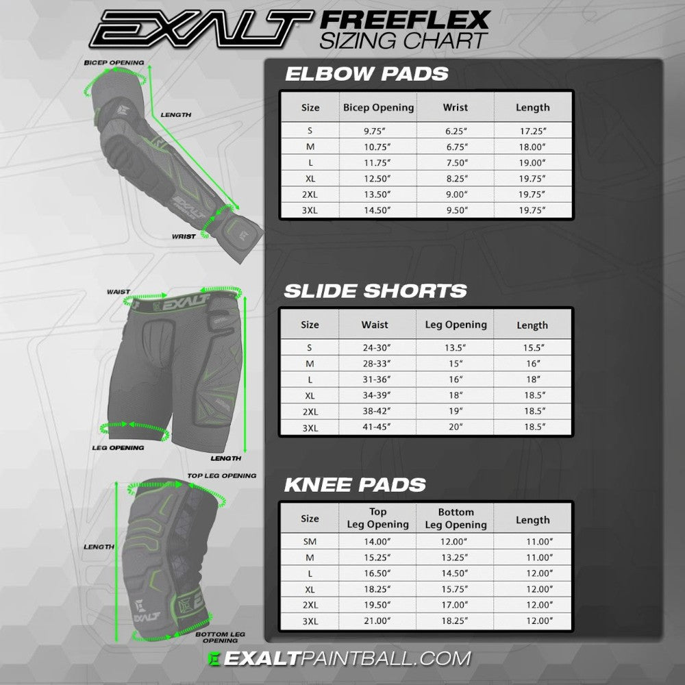 id-paintball Exalt FreeFlex Größentabelle für Ellbogenschoner, Slide Shorts und Knieschoner mit Maßangaben