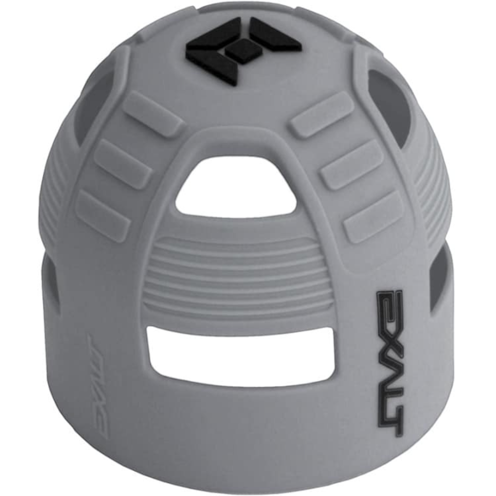id-paintball Exalt Tank Grip aus grauem Gummi für Paintball-Flaschen mit rutschfester Struktur und Logo