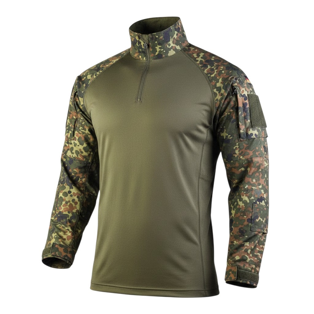 id-paintball Feldhemd Combat Shirt in Flecktarn mit olivgrünem Rumpf, Stehkragen und Klettflächen an den Ärmeln.