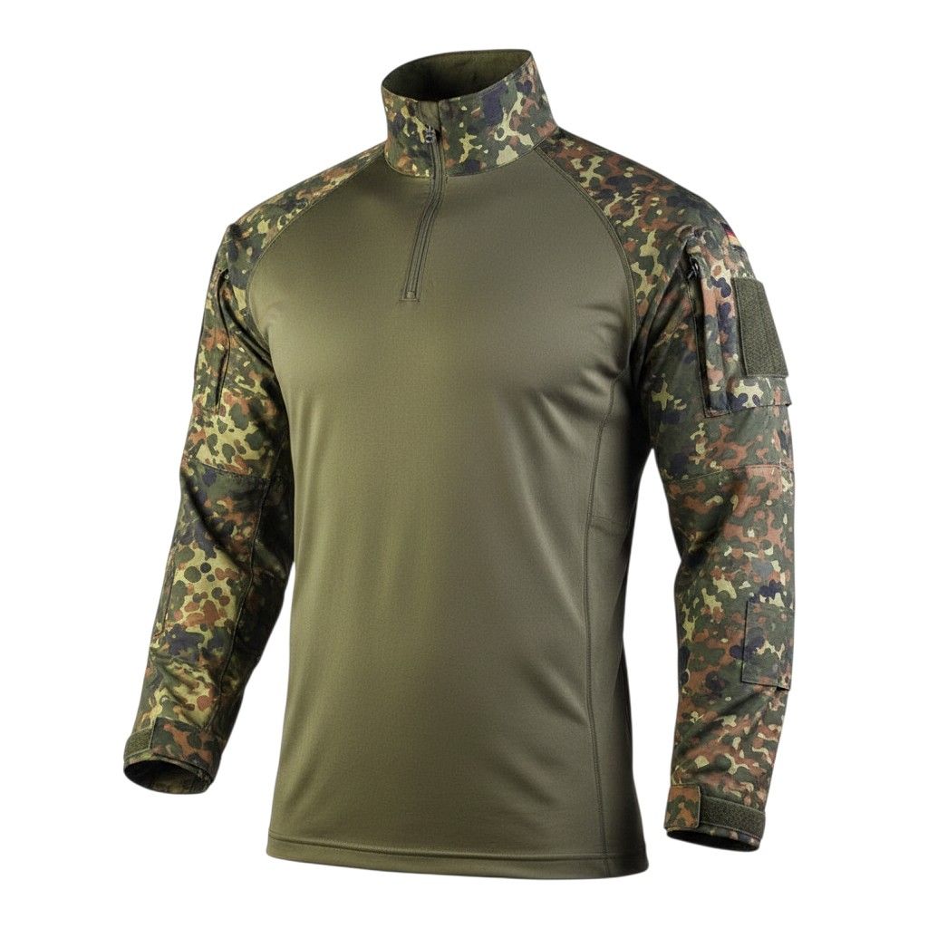 id-paintball Feldhemd Combat Shirt in Flecktarn mit olivgrünem Rumpf, Stehkragen und Klettflächen an den Ärmeln.