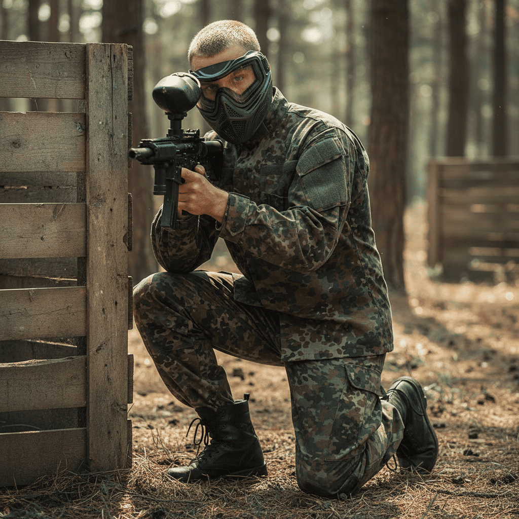 id-paintball Feldjacke in Flecktarn Ripstop bei einem Paintball-Spiel im Wald mit Schutzmaske und Markierer