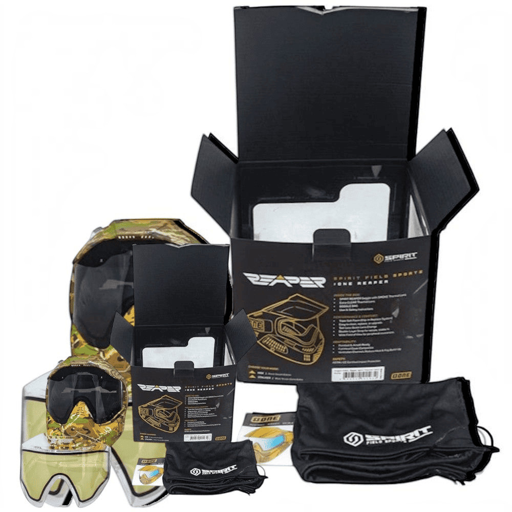 id-paintball ONE Field Reaper Spirit Thermal Maske in Camo mit Wechselgläsern, Goggle-Bag und Produktverpackung