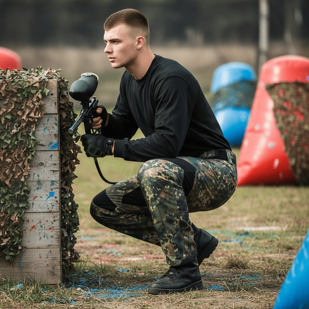 id-paintball Paintball Hose Flecktarn 3.0 mit Kniepolsterung an einem Spieler auf dem Paintballfeld