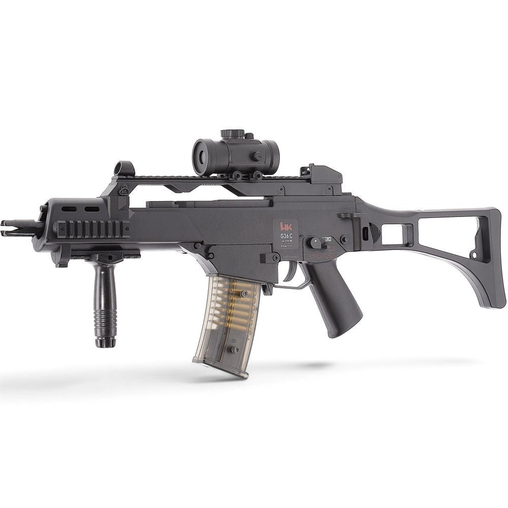 id-paintball Heckler & Koch G36C Airsoft AEG in Schwarz mit Leuchtpunktvisier, Frontgriff und durchsichtigem Magazin