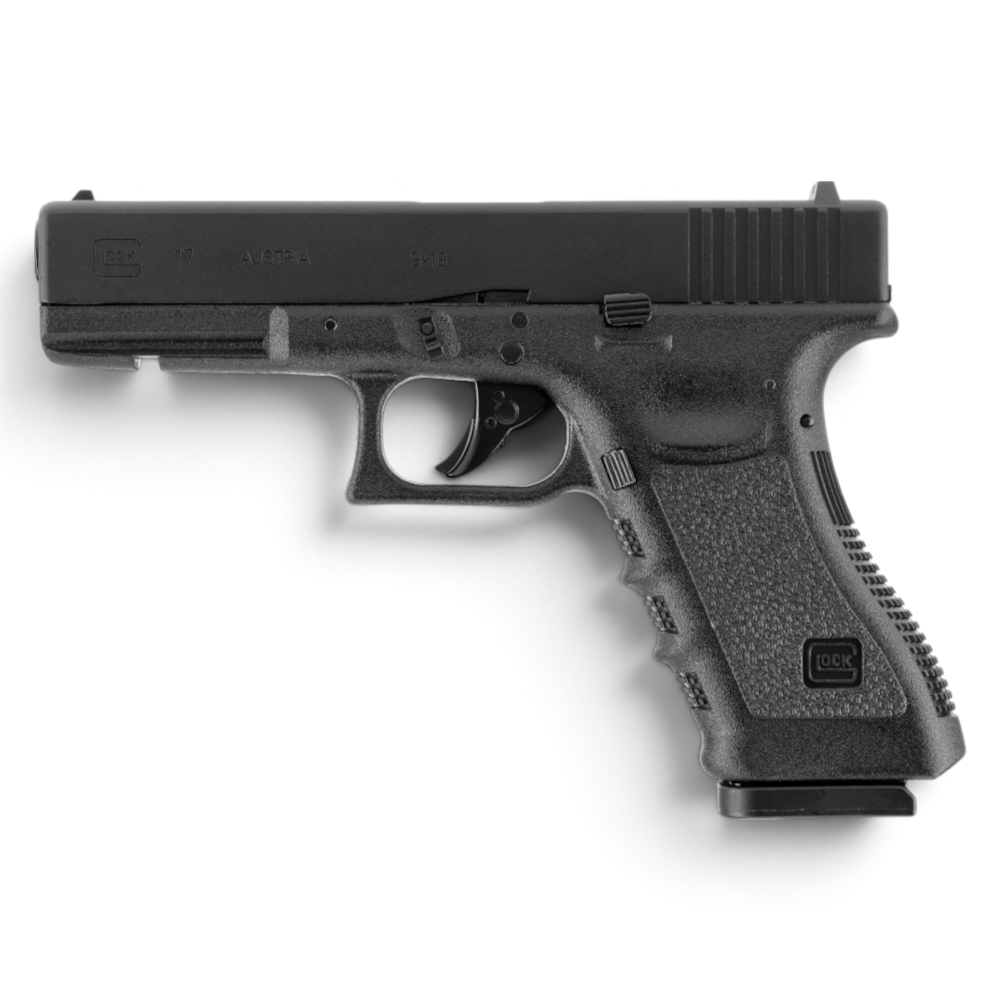 id-paintball GLOCK 17 CO2-Pistole mit Metallschlitten, originalen Markings und schwarzem Polymergriffstück