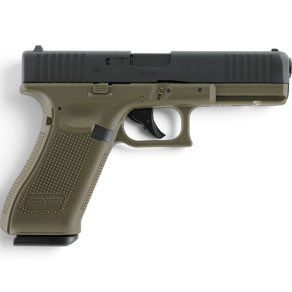 id-paintball GLOCK 17 Gen5 Airsoft-Pistole in Battlefield Green mit schwarzem Metallschlitten und Blowback-Funktion