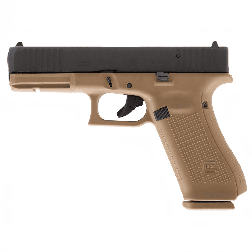 id-paintball GLOCK 17 Gen5 9mm P.A.K. Schreckschusswaffe mit schwarzem Schlitten und coyote-farbenem Griffstück