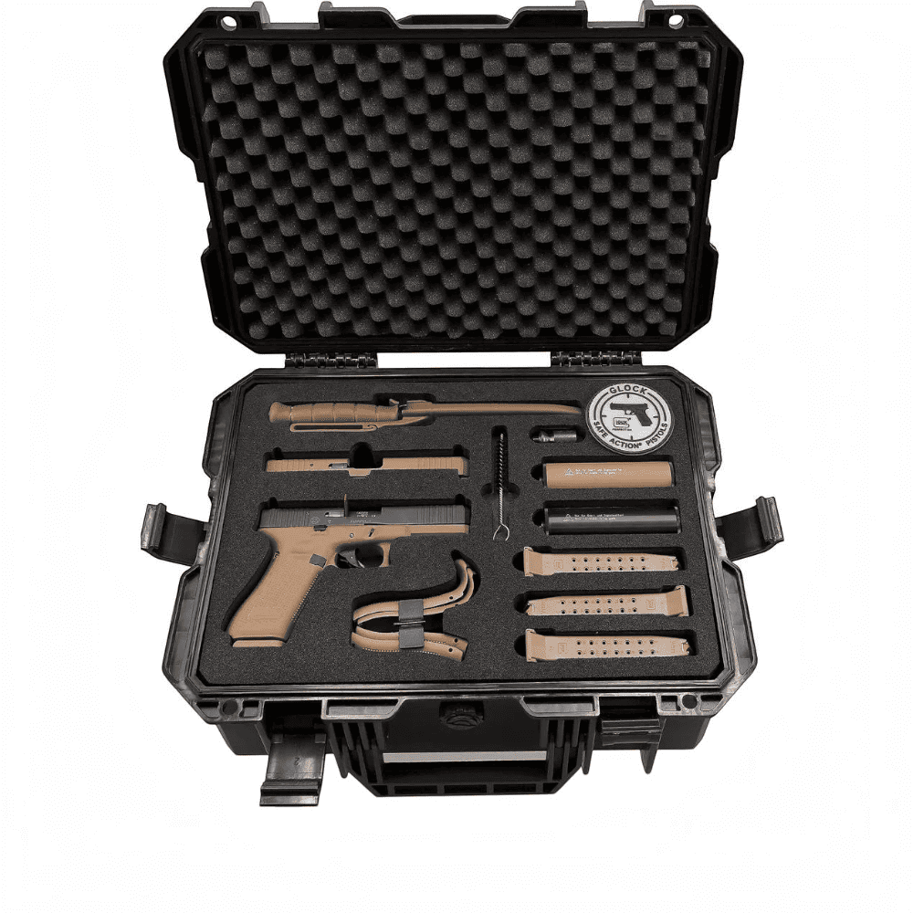 id-paintball GLOCK 17 Gen5 SV Double Set in einem schwarzen Koffer mit Coyote-Schlitten, Magazinen, Messer und Zubehör.