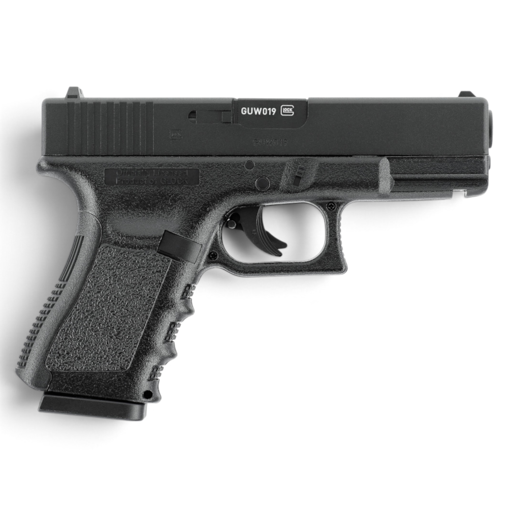 id-paintball Glock 19 CO2 Pistole mit Metallschlitten und originalen Markings im Kaliber 4,5 mm Stahl-BB