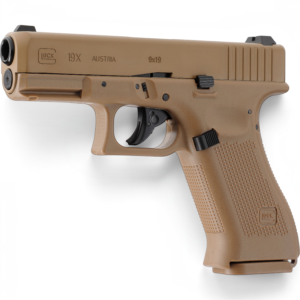 id-paintball GLOCK 19X CO2-Pistole in Coyote-Farbe mit Metallschlitten und authentischen Markings