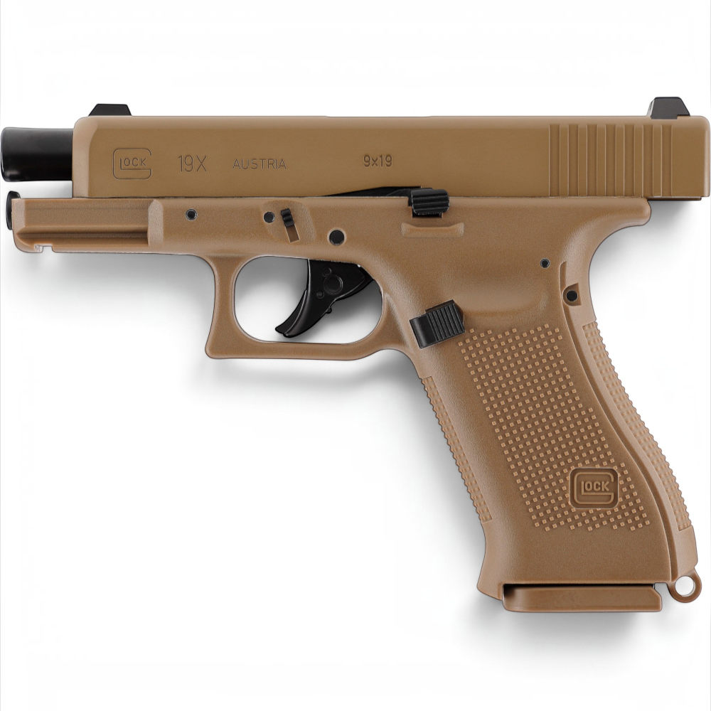 id-paintball GLOCK 19X CO2 Pistole in Coyote mit Blowback-Metallschlitten und originalen Markings