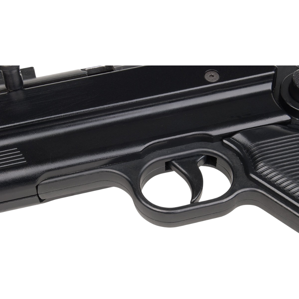 id-paintball GSG MP40 Schreckschusswaffe in Schwarz mit Detailansicht von Abzug und Gehäuse aus Vollmetall