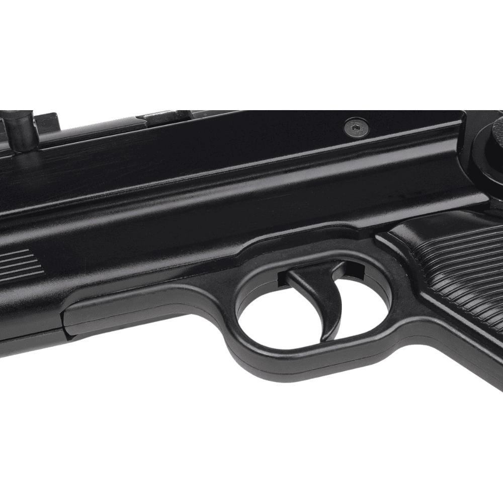 id-paintball GSG MP40 Schreckschusswaffe in Schwarz mit Detailansicht von Abzug und Gehäuse aus Vollmetall