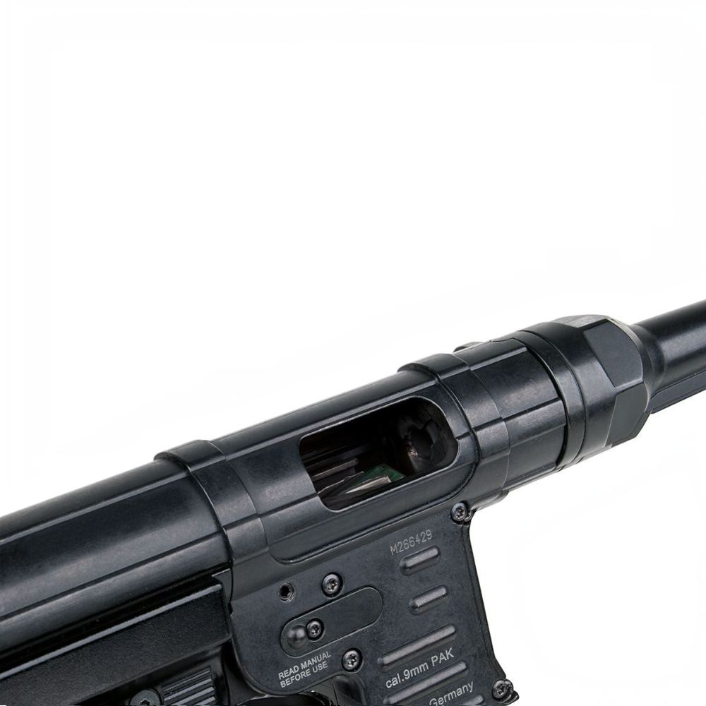 id-paintball GSG MP40 Schreckschusswaffe in Schwarz mit Detailansicht des Verschlussgehäuses und Kaliberprägung