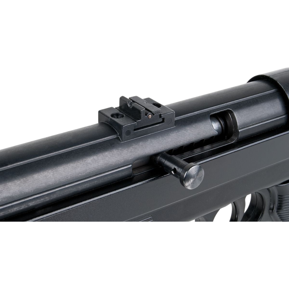 id-paintball GSG MP40 Schreckschusswaffe in Schwarz mit Detailansicht des Verschlusses und der Visierung