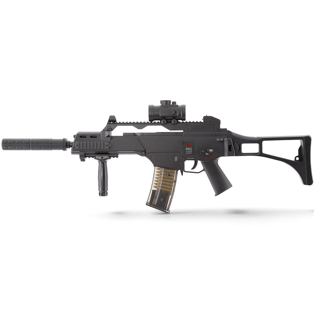 id-paintball Heckler & Koch G36C Airsoft AEG in Schwarz mit Leuchtpunktvisier, Schalldämpfer und transparentem Magazin