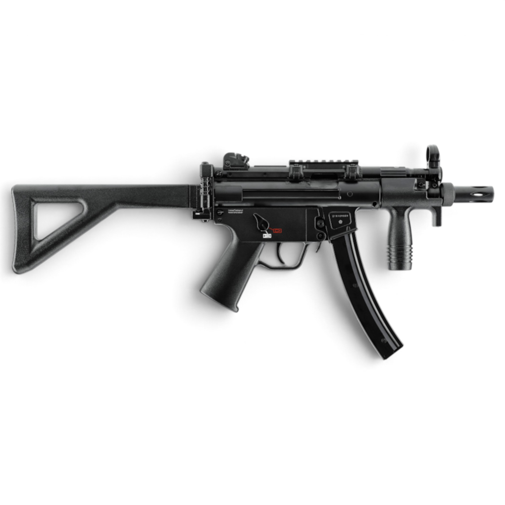 Heckler & Koch MP5 K-PDW CO2 BB Gewehr von id-paintball mit Klappschaft, Blowback-Funktion und 41-Schuss-Magazin.