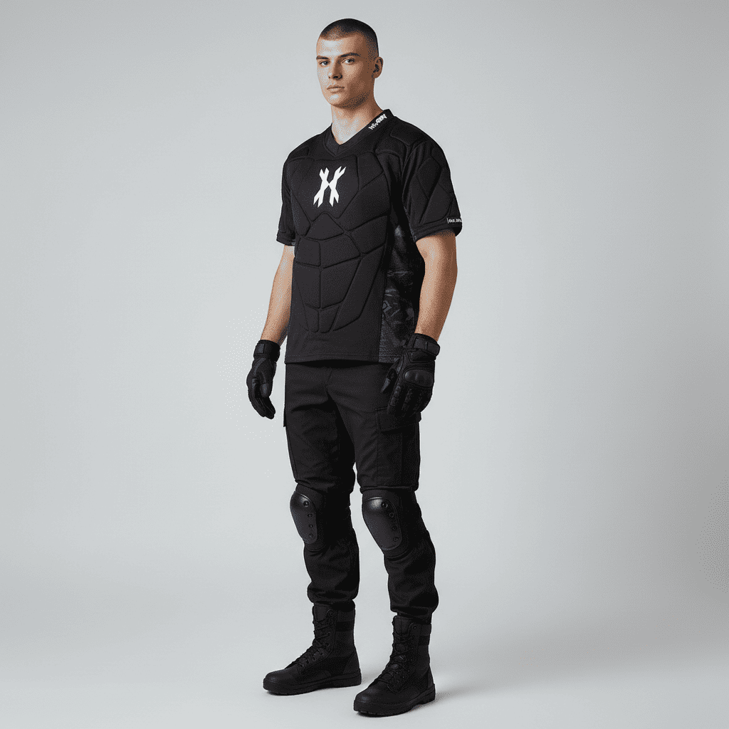 id-paintball HK Army Crash Brustpanzer in Schwarz mit Dual-Layer Polsterung an einem Paintballspieler