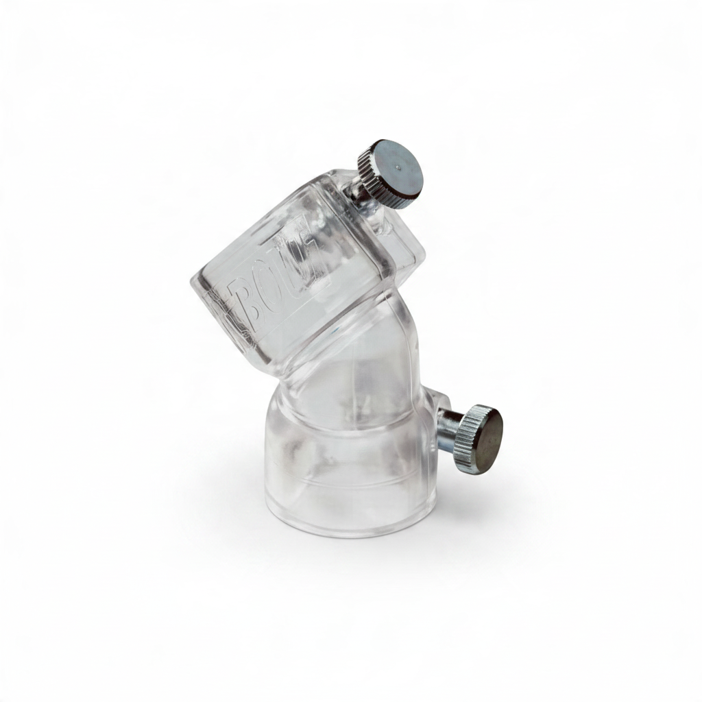 id-paintball 45 Grad Hopper Elbow Feed Adapter aus transparentem Kunststoff mit Rändelschrauben zur Befestigung