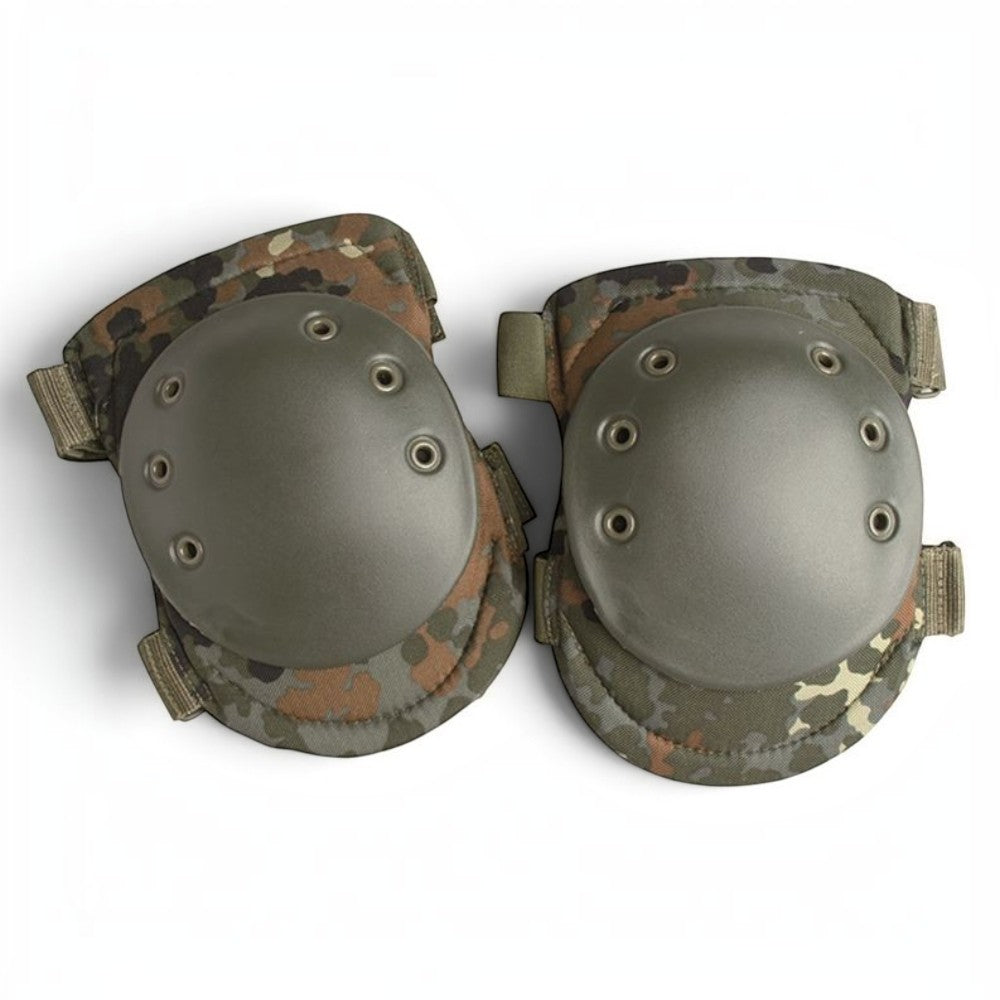 id-paintball Knieschützer mit olivgrünen Kunststoffkappen und Camouflage-Stoff für optimalen Schutz und Stoßdämpfung