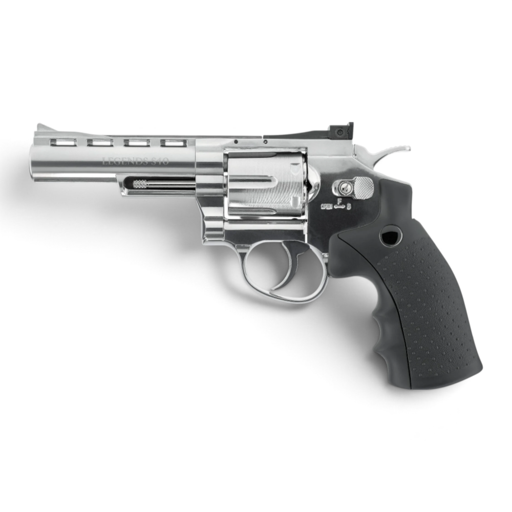 id-paintball Legends S40 CO2-Revolver in Silber mit 4-Zoll-Lauf, Vollmetallgehäuse und schwarzem ergonomischem Griff